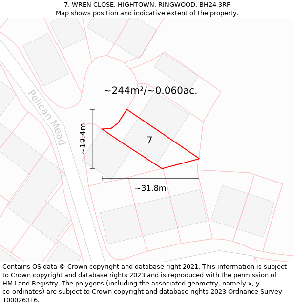 7, WREN CLOSE, HIGHTOWN, RINGWOOD, BH24 3RF: Plot and title map