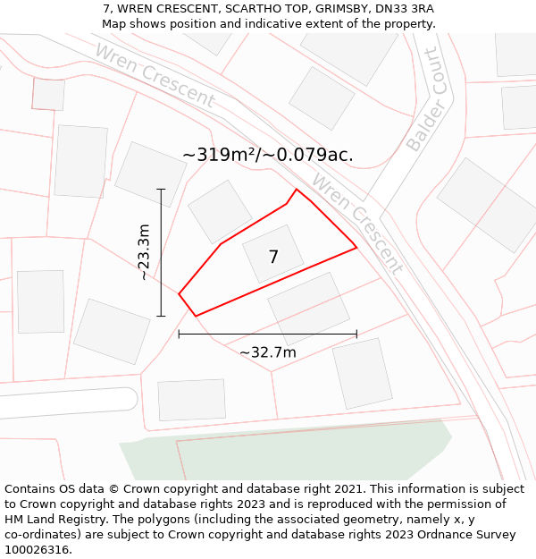 7, WREN CRESCENT, SCARTHO TOP, GRIMSBY, DN33 3RA: Plot and title map