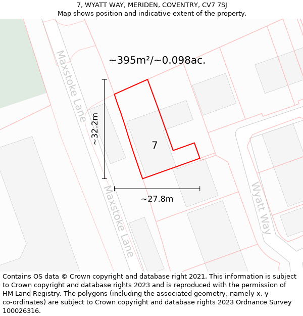 7, WYATT WAY, MERIDEN, COVENTRY, CV7 7SJ: Plot and title map