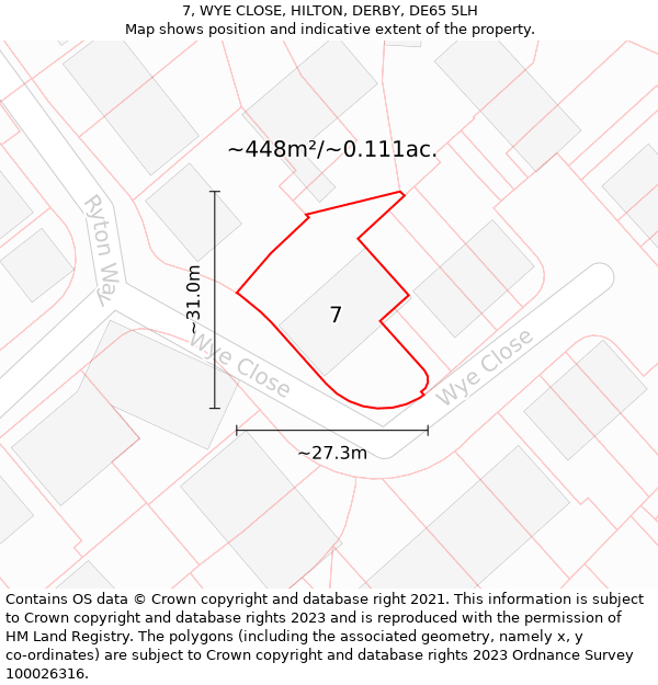 7, WYE CLOSE, HILTON, DERBY, DE65 5LH: Plot and title map