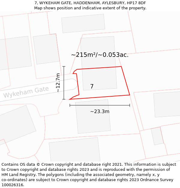 7, WYKEHAM GATE, HADDENHAM, AYLESBURY, HP17 8DF: Plot and title map