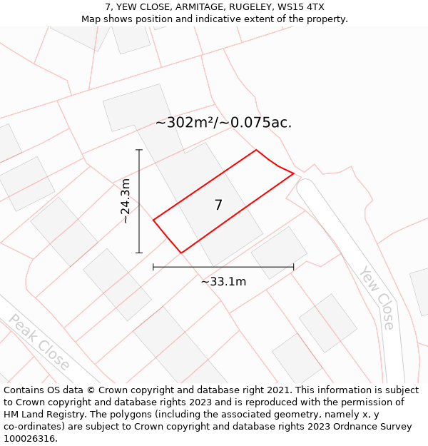 7, YEW CLOSE, ARMITAGE, RUGELEY, WS15 4TX: Plot and title map