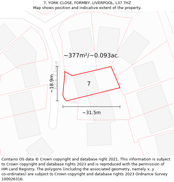 7, YORK CLOSE, FORMBY, LIVERPOOL, L37 7HZ: Plot and title map