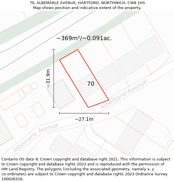 70, ALBEMARLE AVENUE, HARTFORD, NORTHWICH, CW8 1HS: Plot and title map