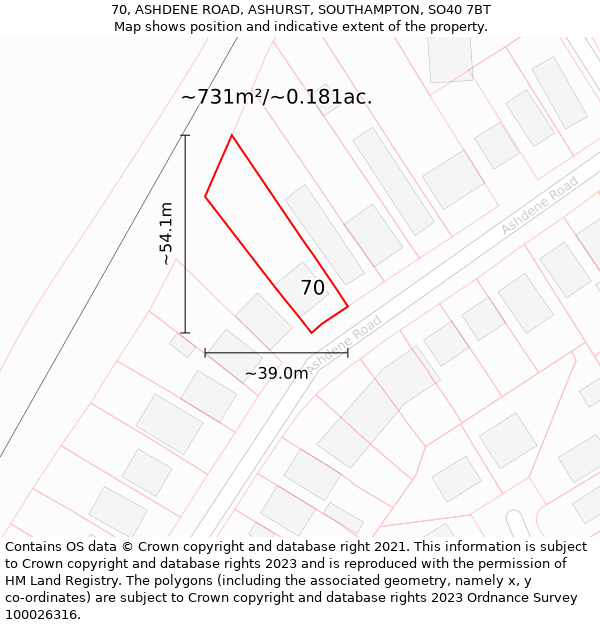 70, ASHDENE ROAD, ASHURST, SOUTHAMPTON, SO40 7BT: Plot and title map