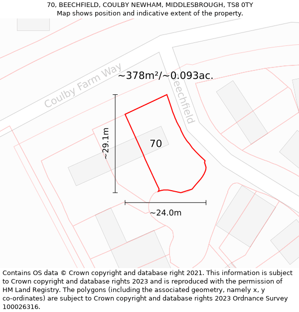 70, BEECHFIELD, COULBY NEWHAM, MIDDLESBROUGH, TS8 0TY: Plot and title map