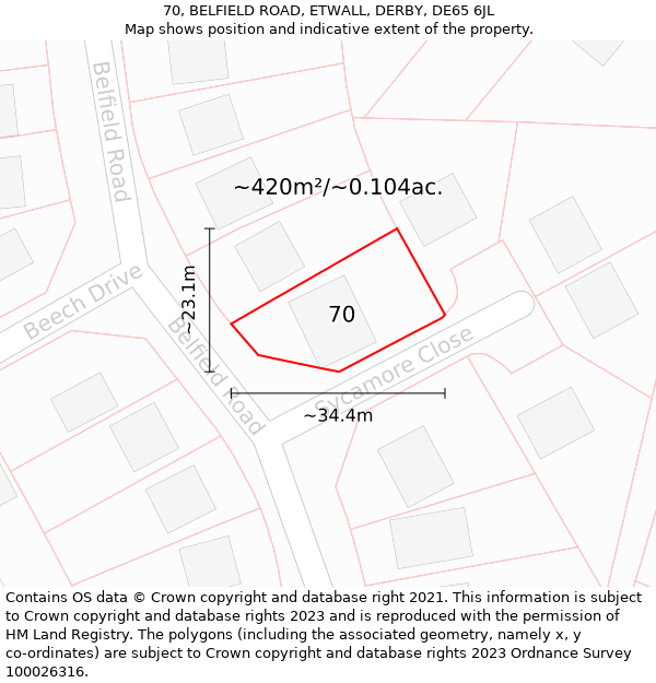 70, BELFIELD ROAD, ETWALL, DERBY, DE65 6JL: Plot and title map