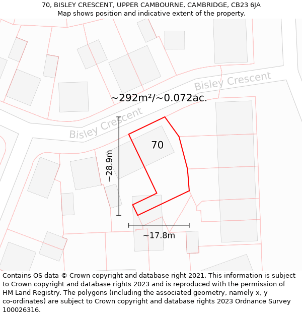 70, BISLEY CRESCENT, UPPER CAMBOURNE, CAMBRIDGE, CB23 6JA: Plot and title map