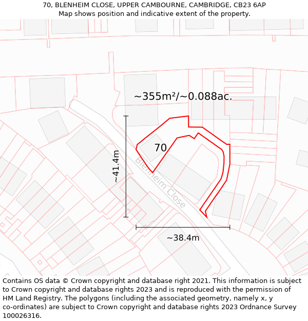 70, BLENHEIM CLOSE, UPPER CAMBOURNE, CAMBRIDGE, CB23 6AP: Plot and title map