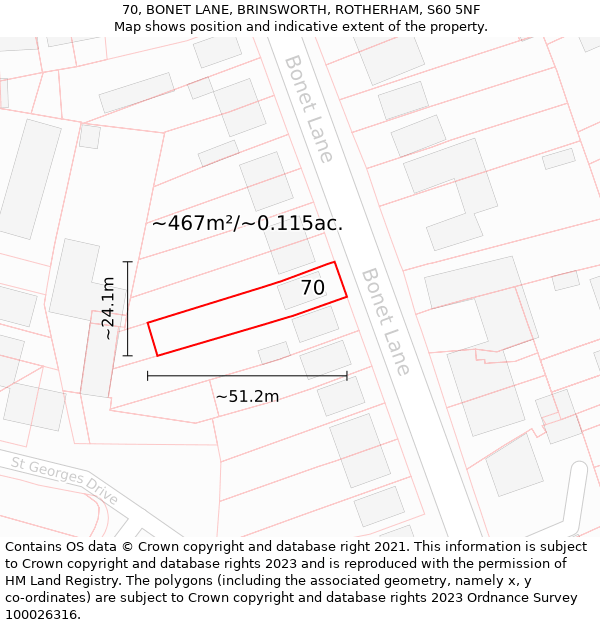 70, BONET LANE, BRINSWORTH, ROTHERHAM, S60 5NF: Plot and title map