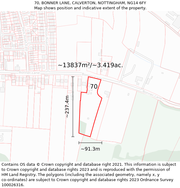 70, BONNER LANE, CALVERTON, NOTTINGHAM, NG14 6FY: Plot and title map