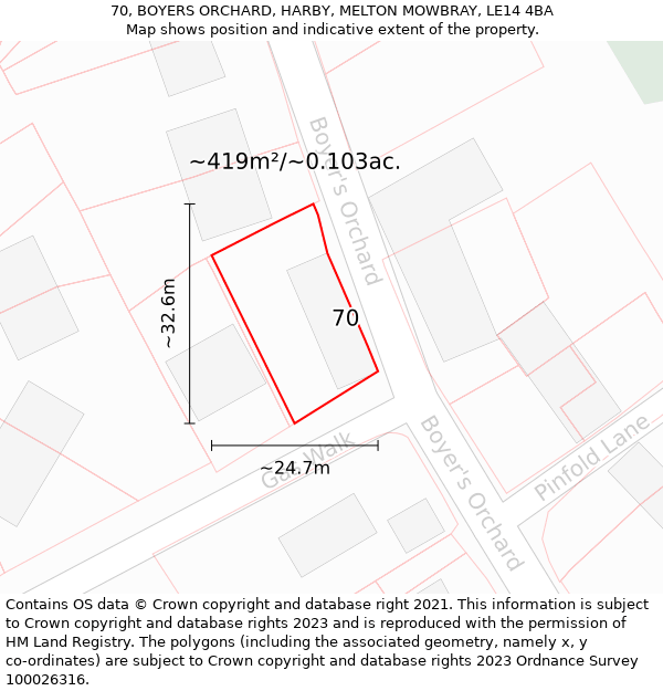 70, BOYERS ORCHARD, HARBY, MELTON MOWBRAY, LE14 4BA: Plot and title map