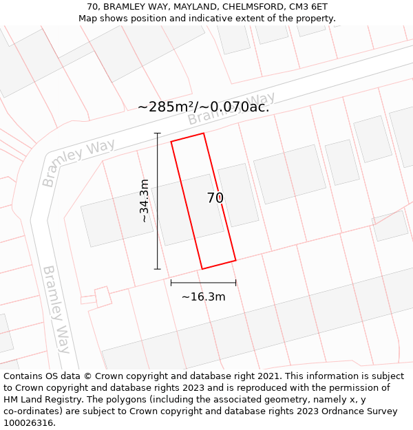 70, BRAMLEY WAY, MAYLAND, CHELMSFORD, CM3 6ET: Plot and title map