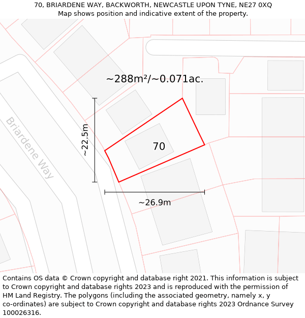 70, BRIARDENE WAY, BACKWORTH, NEWCASTLE UPON TYNE, NE27 0XQ: Plot and title map