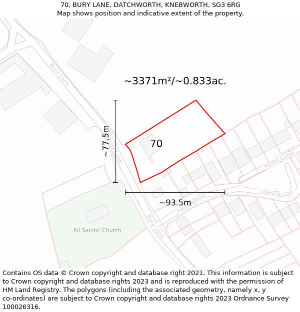 70, BURY LANE, DATCHWORTH, KNEBWORTH, SG3 6RG: Plot and title map