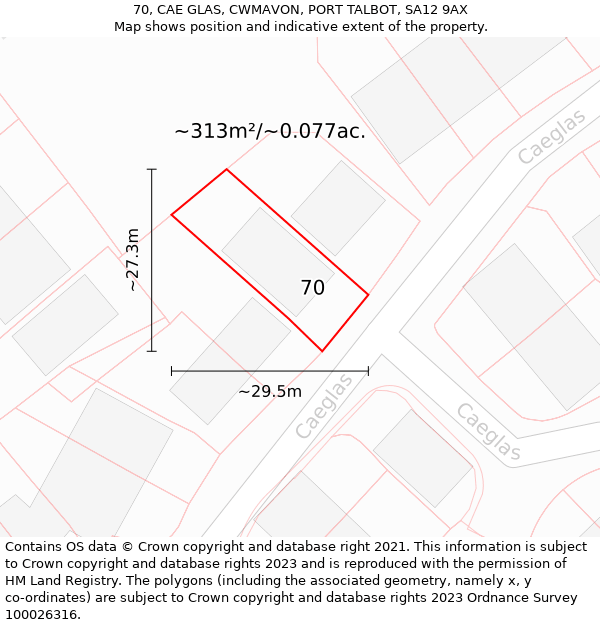 70, CAE GLAS, CWMAVON, PORT TALBOT, SA12 9AX: Plot and title map