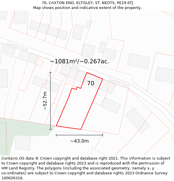 70, CAXTON END, ELTISLEY, ST. NEOTS, PE19 6TJ: Plot and title map