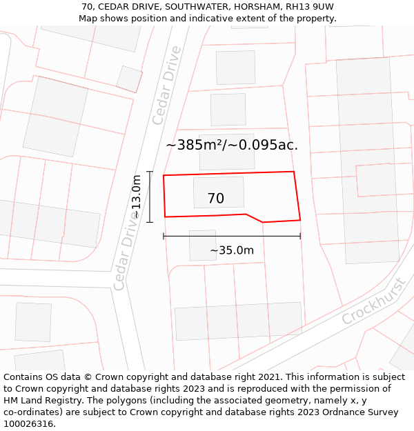 70, CEDAR DRIVE, SOUTHWATER, HORSHAM, RH13 9UW: Plot and title map