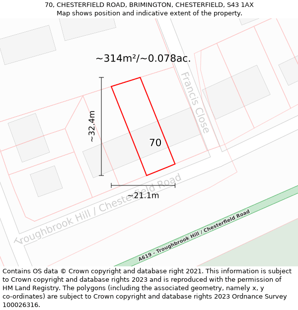 70, CHESTERFIELD ROAD, BRIMINGTON, CHESTERFIELD, S43 1AX: Plot and title map