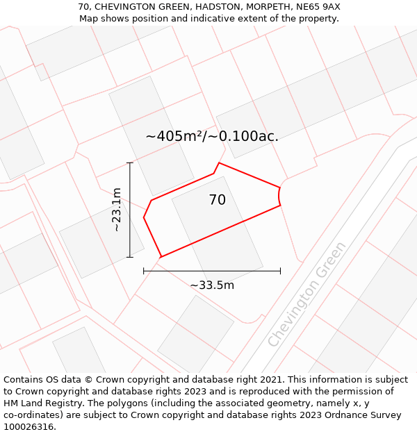 70, CHEVINGTON GREEN, HADSTON, MORPETH, NE65 9AX: Plot and title map