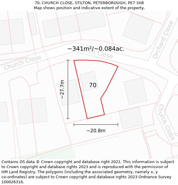 70, CHURCH CLOSE, STILTON, PETERBOROUGH, PE7 3XB: Plot and title map