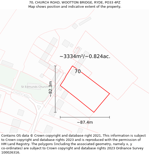 70, CHURCH ROAD, WOOTTON BRIDGE, RYDE, PO33 4PZ: Plot and title map