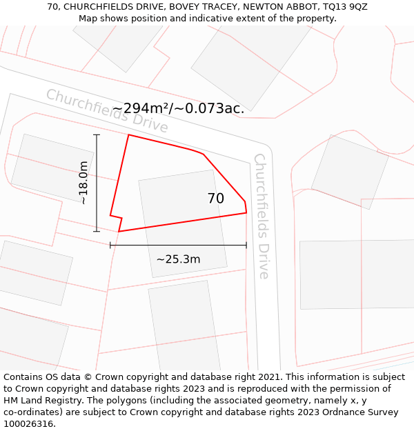 70, CHURCHFIELDS DRIVE, BOVEY TRACEY, NEWTON ABBOT, TQ13 9QZ: Plot and title map