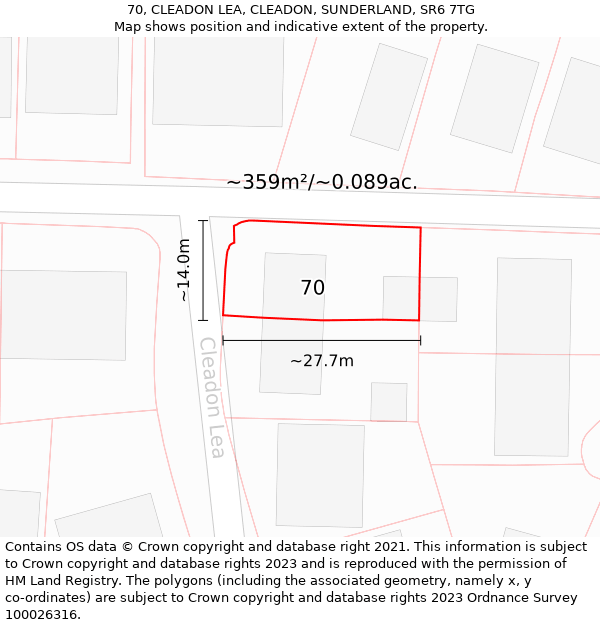 70, CLEADON LEA, CLEADON, SUNDERLAND, SR6 7TG: Plot and title map