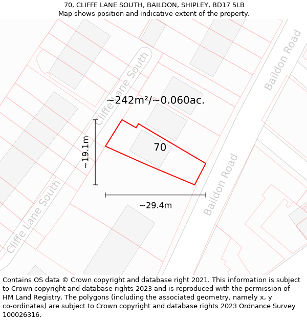 70, CLIFFE LANE SOUTH, BAILDON, SHIPLEY, BD17 5LB: Plot and title map