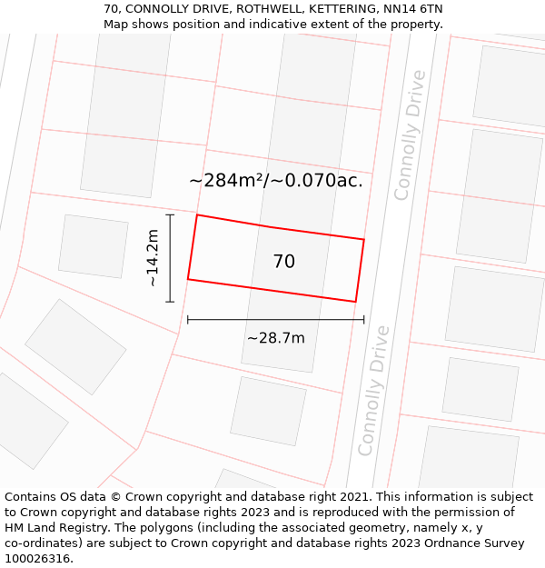 70, CONNOLLY DRIVE, ROTHWELL, KETTERING, NN14 6TN: Plot and title map