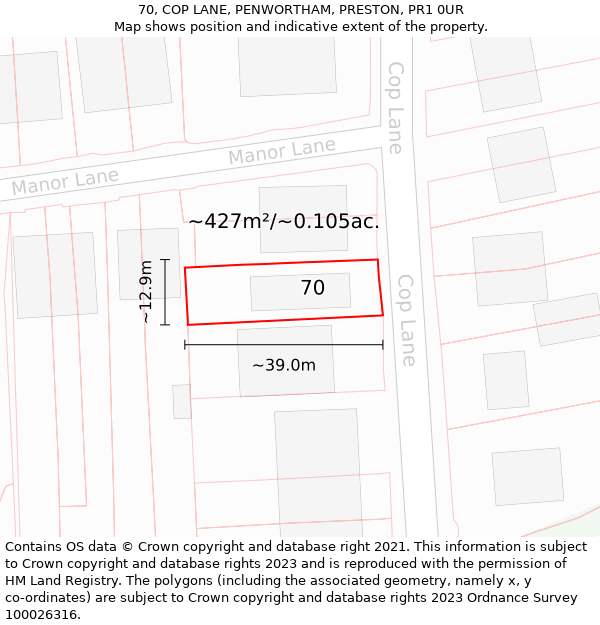 70, COP LANE, PENWORTHAM, PRESTON, PR1 0UR: Plot and title map