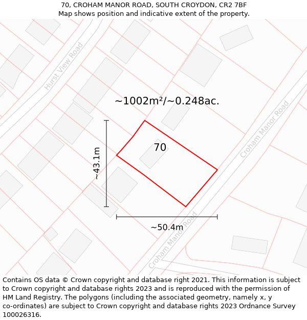 70, CROHAM MANOR ROAD, SOUTH CROYDON, CR2 7BF: Plot and title map