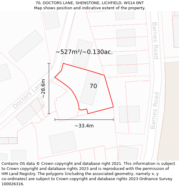 70, DOCTORS LANE, SHENSTONE, LICHFIELD, WS14 0NT: Plot and title map