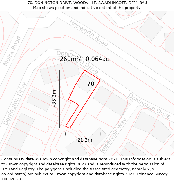 70, DONINGTON DRIVE, WOODVILLE, SWADLINCOTE, DE11 8AU: Plot and title map