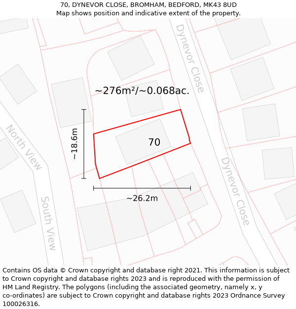 70, DYNEVOR CLOSE, BROMHAM, BEDFORD, MK43 8UD: Plot and title map