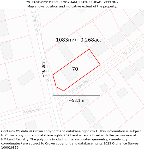 70, EASTWICK DRIVE, BOOKHAM, LEATHERHEAD, KT23 3NX: Plot and title map