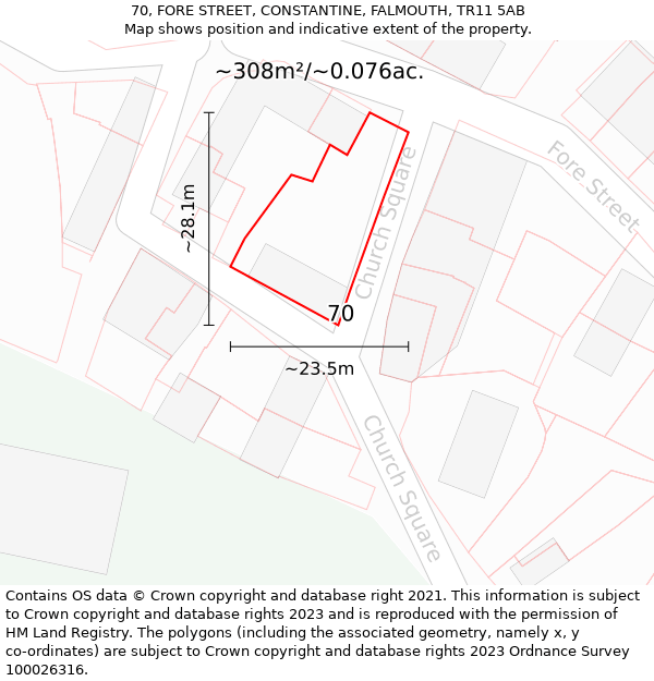 70, FORE STREET, CONSTANTINE, FALMOUTH, TR11 5AB: Plot and title map