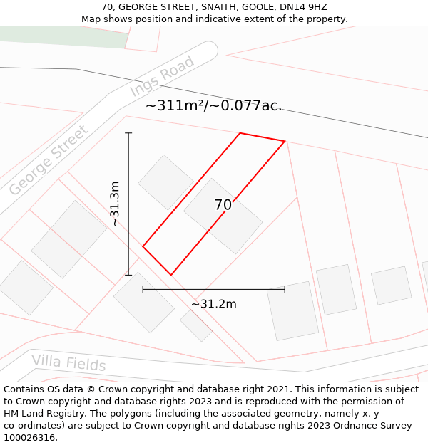 70, GEORGE STREET, SNAITH, GOOLE, DN14 9HZ: Plot and title map