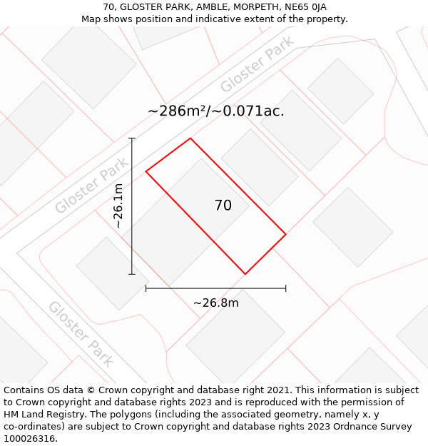 70, GLOSTER PARK, AMBLE, MORPETH, NE65 0JA: Plot and title map