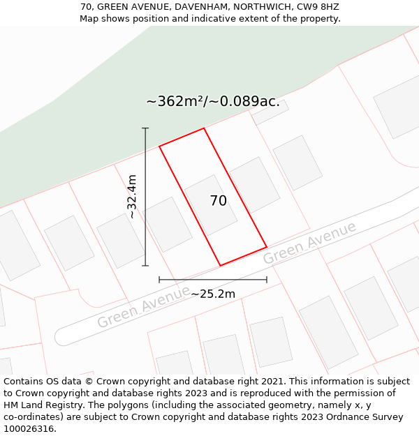 70, GREEN AVENUE, DAVENHAM, NORTHWICH, CW9 8HZ: Plot and title map