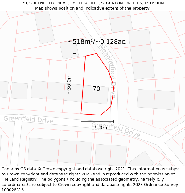 70, GREENFIELD DRIVE, EAGLESCLIFFE, STOCKTON-ON-TEES, TS16 0HN: Plot and title map