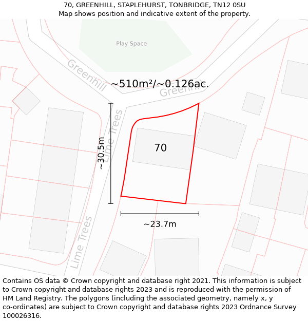 70, GREENHILL, STAPLEHURST, TONBRIDGE, TN12 0SU: Plot and title map