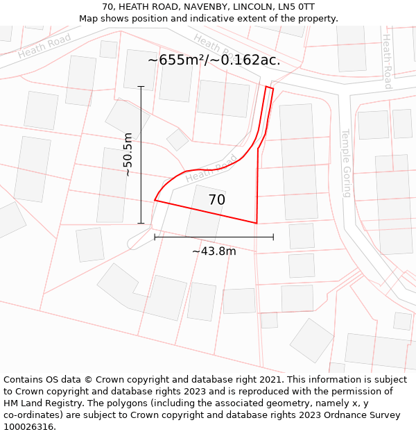 70, HEATH ROAD, NAVENBY, LINCOLN, LN5 0TT: Plot and title map