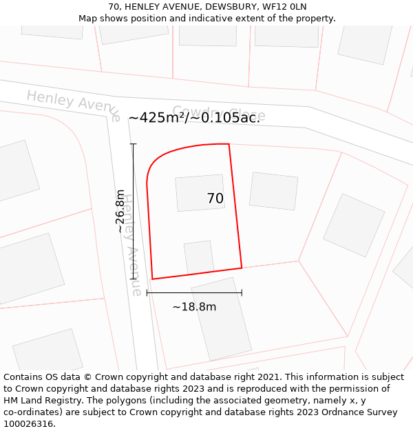 70, HENLEY AVENUE, DEWSBURY, WF12 0LN: Plot and title map