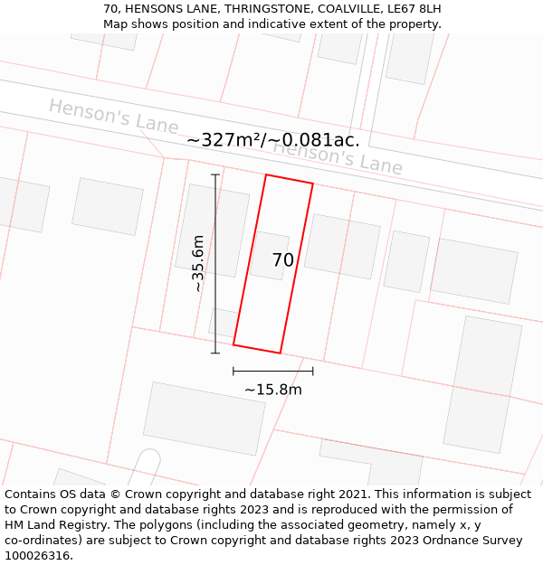 70, HENSONS LANE, THRINGSTONE, COALVILLE, LE67 8LH: Plot and title map