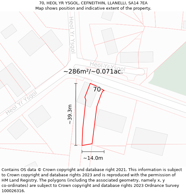 70, HEOL YR YSGOL, CEFNEITHIN, LLANELLI, SA14 7EA: Plot and title map