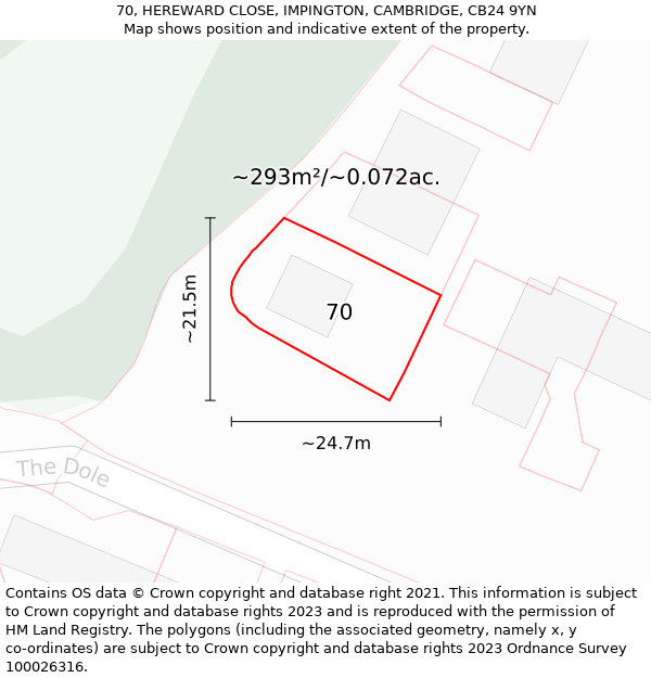 70, HEREWARD CLOSE, IMPINGTON, CAMBRIDGE, CB24 9YN: Plot and title map