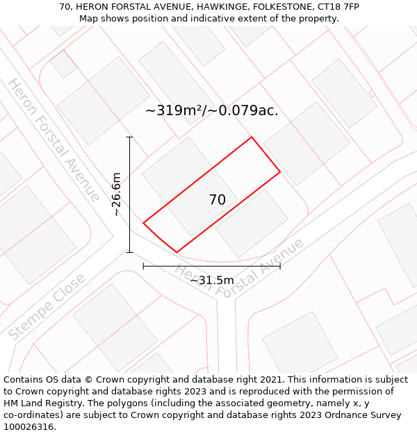 70, HERON FORSTAL AVENUE, HAWKINGE, FOLKESTONE, CT18 7FP: Plot and title map