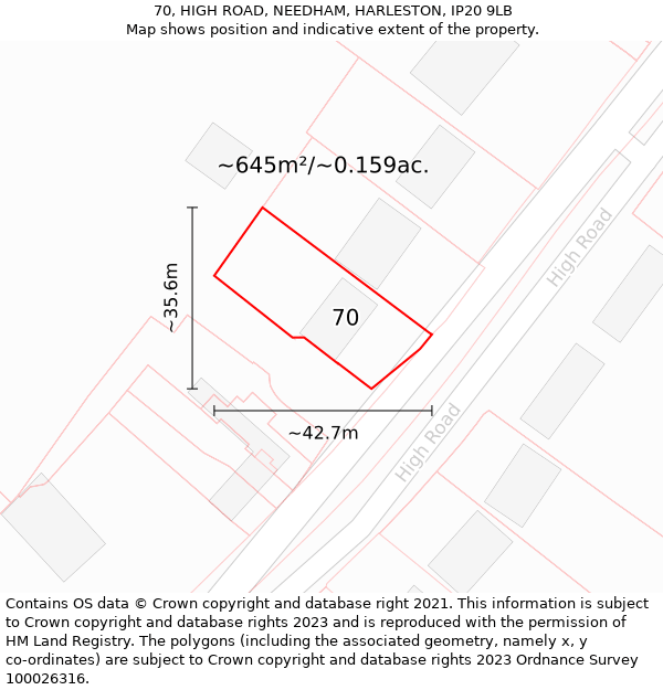 70, HIGH ROAD, NEEDHAM, HARLESTON, IP20 9LB: Plot and title map