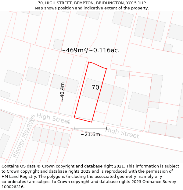 70, HIGH STREET, BEMPTON, BRIDLINGTON, YO15 1HP: Plot and title map